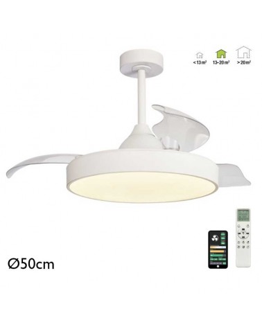 White ceiling fan 30W Ø50cm DC motor LED ceiling light 50W control included and app ADJUSTABLE light temperature