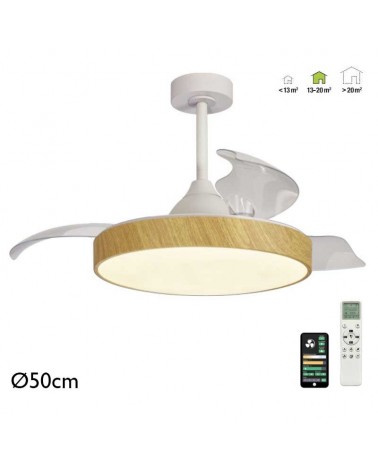 Wooden ceiling fan 30W Ø50cm DC motor LED ceiling light 50W control included and app ADJUSTABLE light temperature