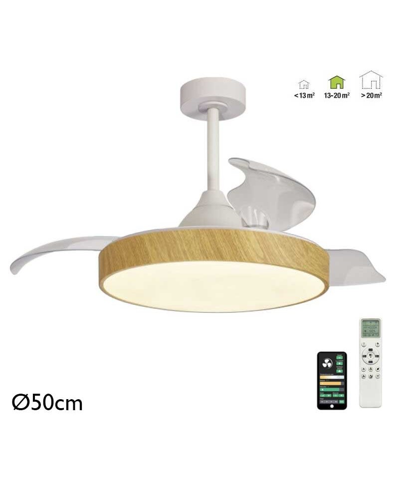 Ventilador de techo madera 30W Ø50cm motor DC plafón LED 50W mando incluido y app REGULABLE temperatura luz