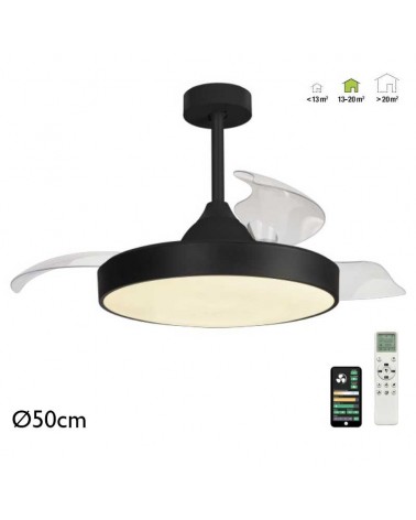 Black ceiling fan 30W Ø50cm DC motor LED ceiling light 50W control included and app ADJUSTABLE light temperature