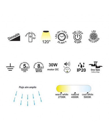 Ventilador de techo blanco 30W Ø50cm motor DC plafón LED 50W mando incluido y app REGULABLE temperatura luz