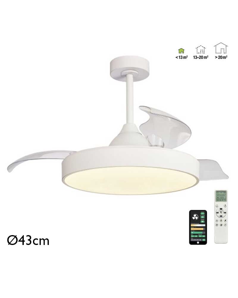 Ventilador de techo blanco 25W Ø43cm motor DC plafón LED 45W mando incluido y app REGULABLE temperatura luz