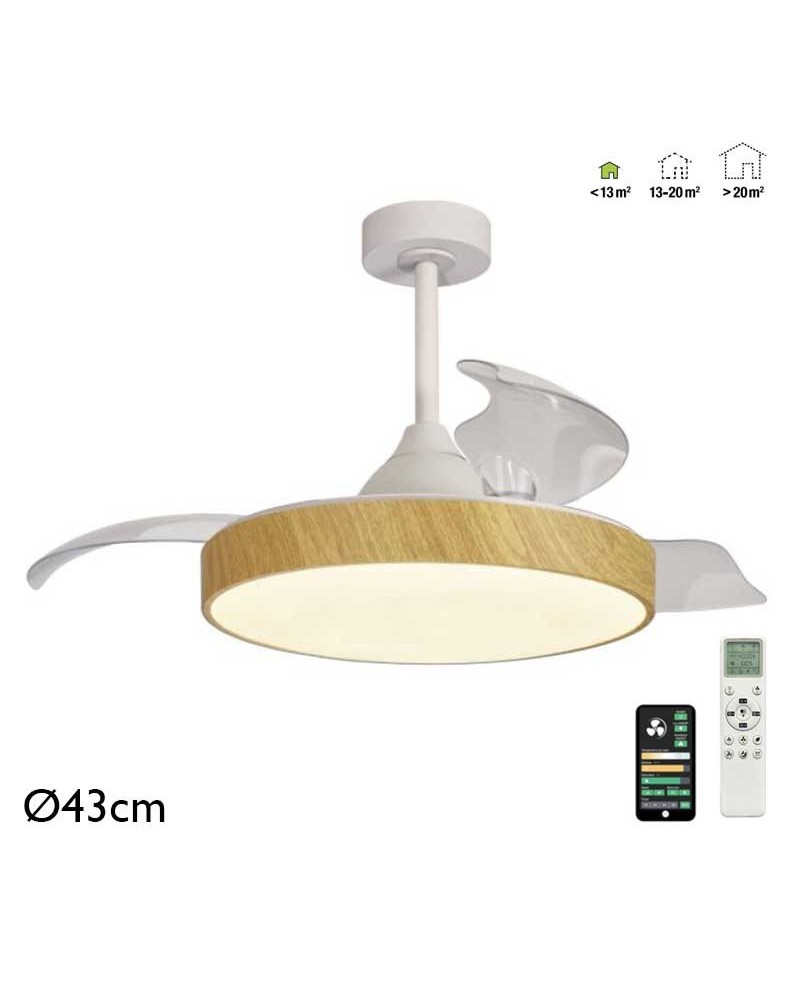 Ventilador de techo madera 25W Ø43cm motor DC plafón LED 45W mando incluido y app REGULABLE temperatura luz