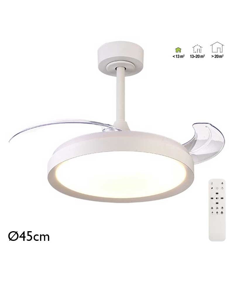 Plafón ventilador blanco 25W Ø45cm con luz LED 40W control remoto REGULABLE temperatura luz