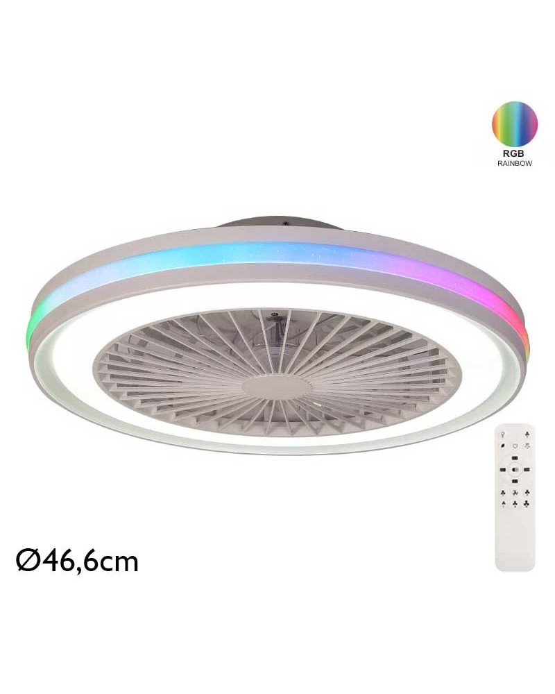 Ventilador inteligente de techo blanco 20W Ø46,6cm motor DC LED 40W REGULABLE CCT y RGB control remoto