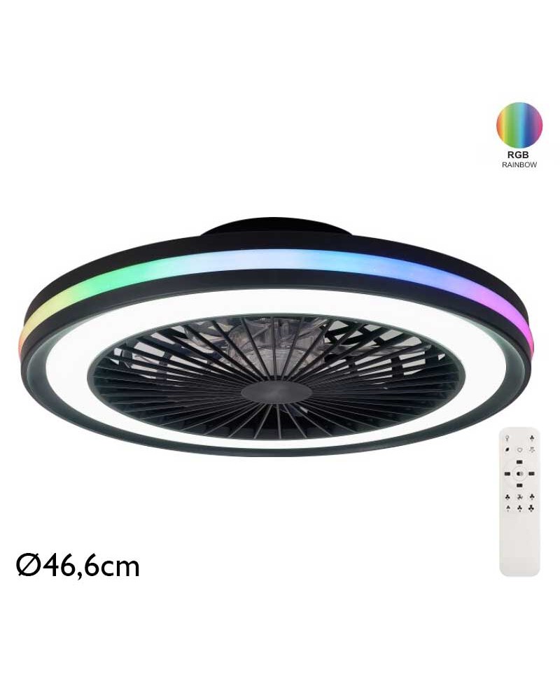 Ventilador inteligente de techo negro 20W Ø46,6cm motor DC LED 40W CCT y RGB control remoto