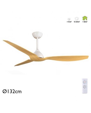 Ceiling fan without light white and wood 3 blades Ø132cm programmable with 6 speeds