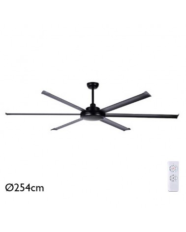 Black industrial ceiling fan with 6 blades Ø254cm programmable with 6 speeds