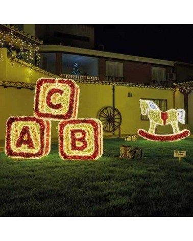 Figuras navideñas 3D set de 3 letras LED luz cálida 195W con tapiz rojo y PVC net IP65 baja tensión 24V