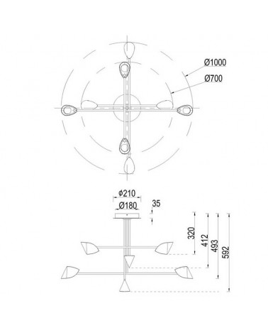 LED ceiling lamp 100cm diameter with 8 aluminum and black iron lampshades 61.5W 3000K