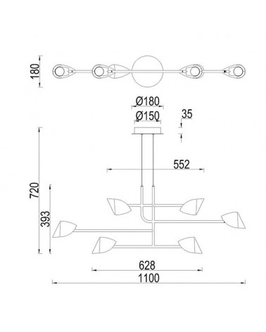 Lámpara de techo LED 110cm de ancho con 6 pantallas aluminio y hierro negro 45W 3000K