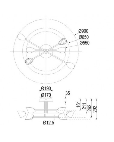 LED ceiling lamp 90cm diameter with 6 aluminum and black iron lampshades 45W 3000K