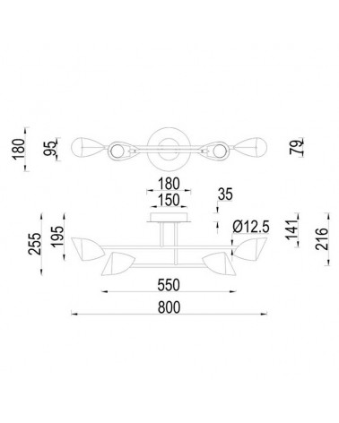 LED ceiling lamp 80cm wide with 4 aluminum and black iron lampshades 30W 3000K