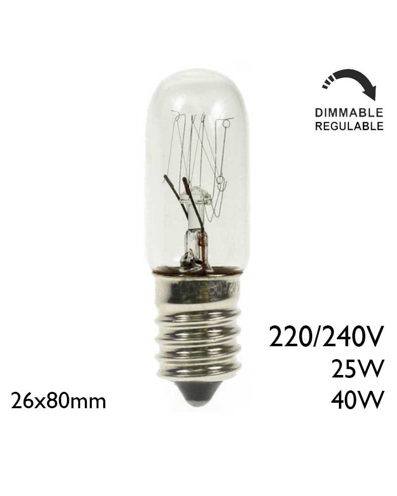 Clear incandescent tubular bulb 220/240V E14 26x80mm