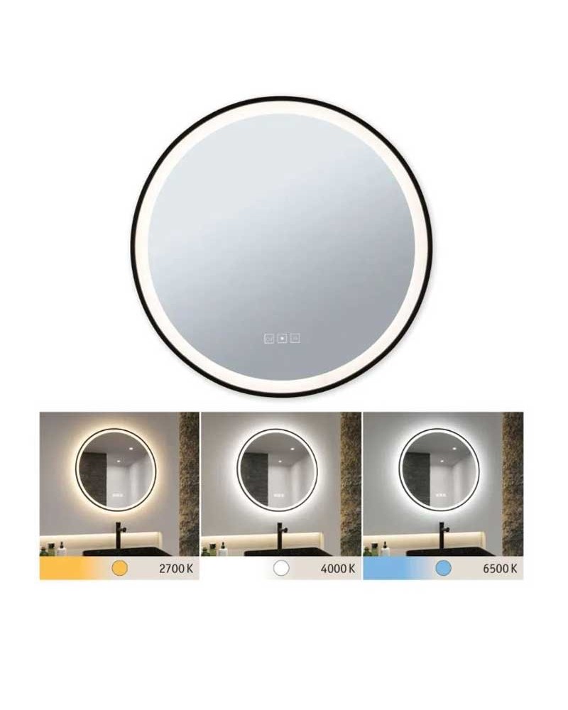 Black Round LED Mirror 59cm Illuminated IP44 11.5W CCT 2700K/4000K/6500K Dimmable