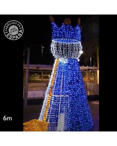 Christmas figure King Melchior warm light, white and blue 6 meters high with tapestry suitable for outdoor use 24V