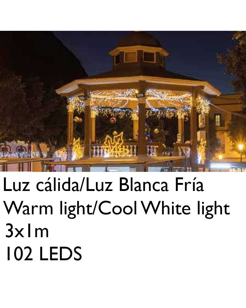 Cortina de LEDs 3x1m efecto hielo icicle estalactita, cable blanco empalmable con 102 leds IP65 apta para exterior