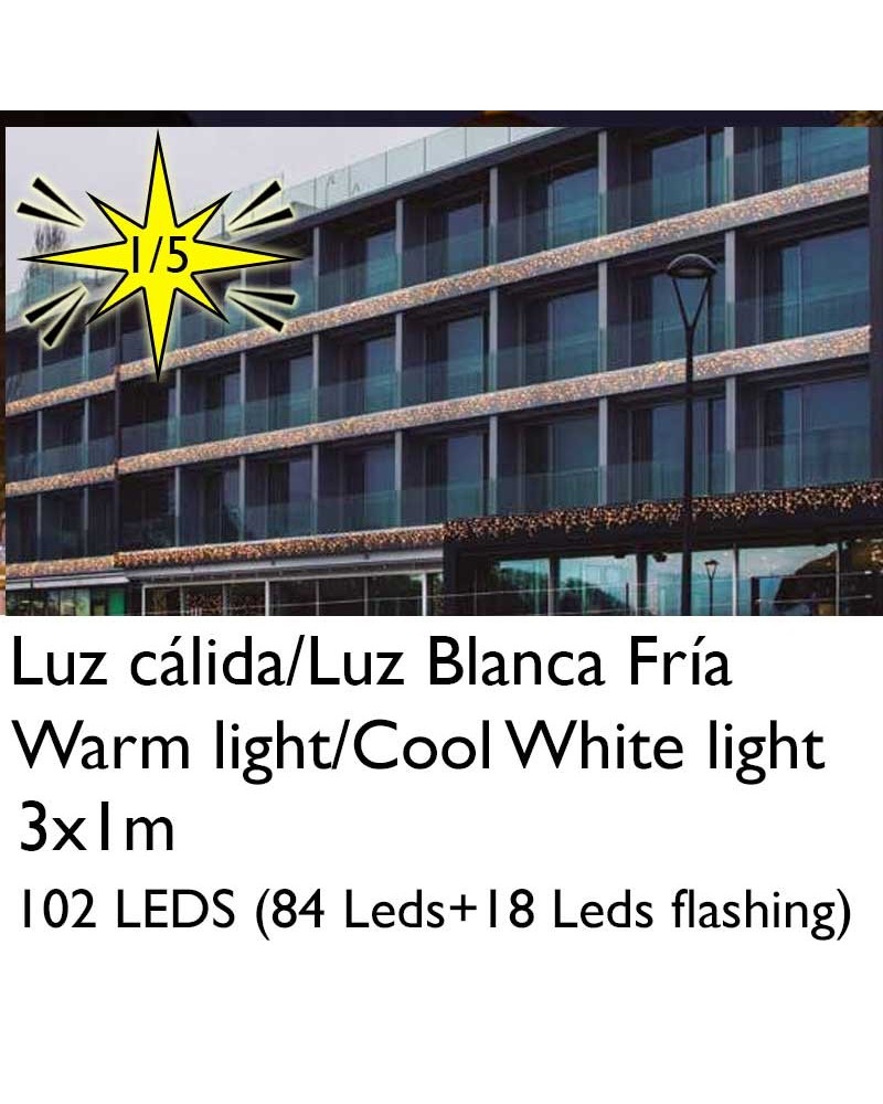 Cortina de LEDs 3x1m efecto hielo icicle estalactita, cable blanco empalmable con 102 leds flashing IP65 apta para exterior