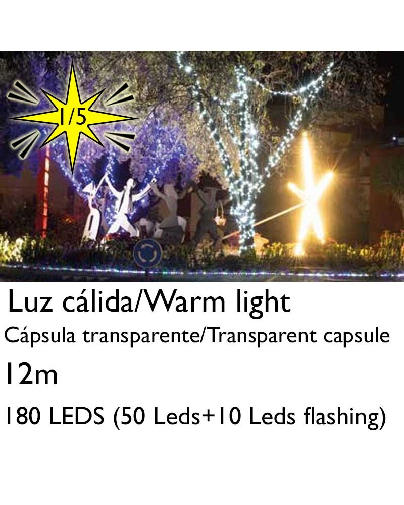 Flashing string light 12m 180 LEDs warm light, clear capsule, white or green cable, connectable, IP65, suitable for outdoors