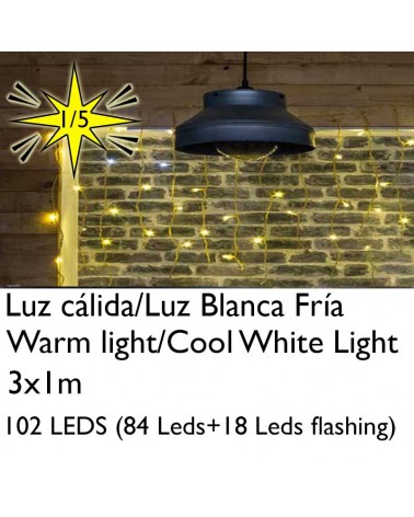 Cortina de LEDs 3x1m efecto hielo icicle estalactita, cable dorado empalmable con 102 leds (18Leds flashing) para interior