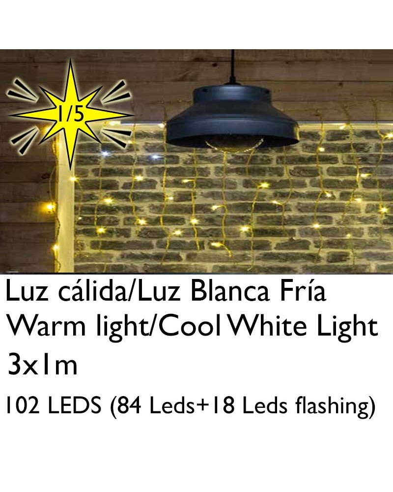 Cortina de LEDs 3x1m efecto hielo icicle estalactita, cable dorado empalmable con 102 leds (18Leds flashing) para interior