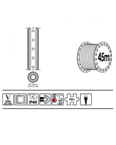 Bobina 45m hilo LED, 30 leds/m + 6 leds/m flashing 1620 leds IP44 230V