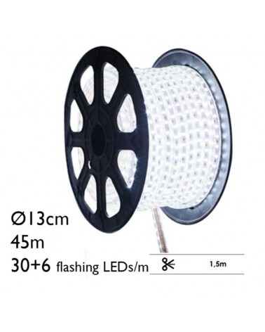 Bobina 45m hilo LED, 30 leds/m + 6 leds/m flashing 1620 leds IP44 230V