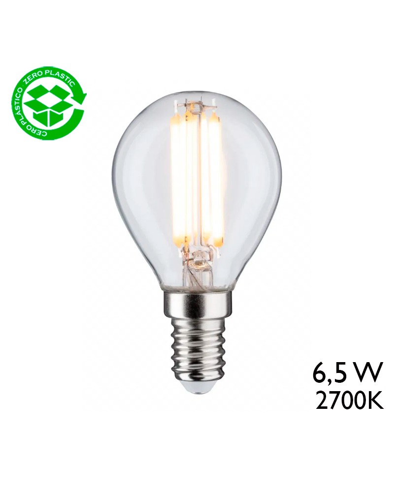 Vintage round bulb 45 mm. Clear LED filaments Dimmable E14 6.5W 2700K 806Lm.