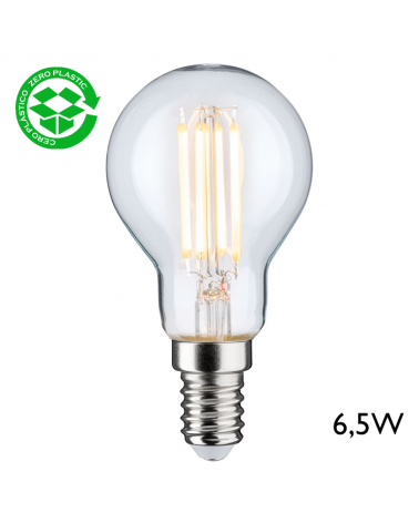 Vintage round bulb 45 mm. Clear LED filaments Dimmable E14 6.5W 2700K 400 Lm.