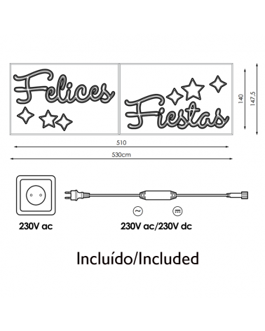 Cartel FELICES FIESTAS con estrellas y bolas blanco frío de 5,30 metros LEDs IP65 116W